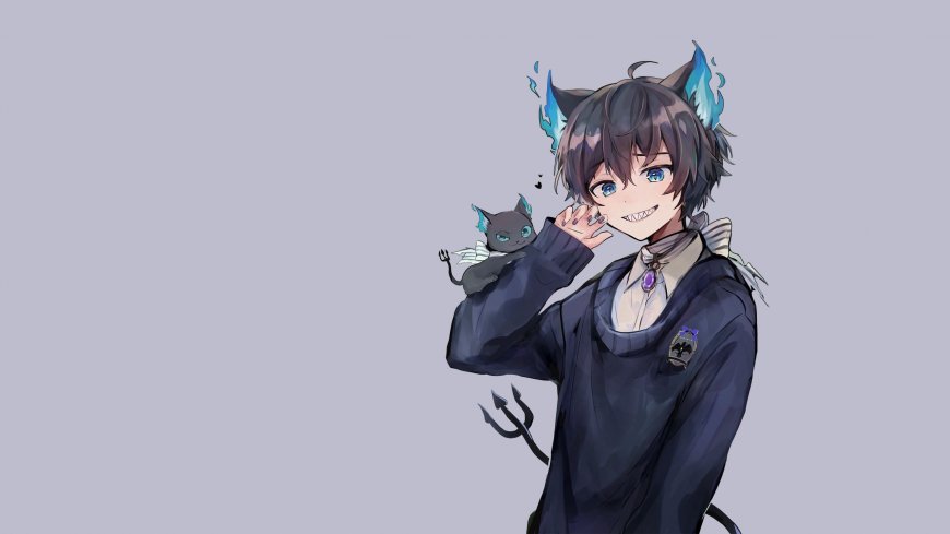 蓝焰猫耳少年抱小黑猫紫灰动漫电脑壁纸