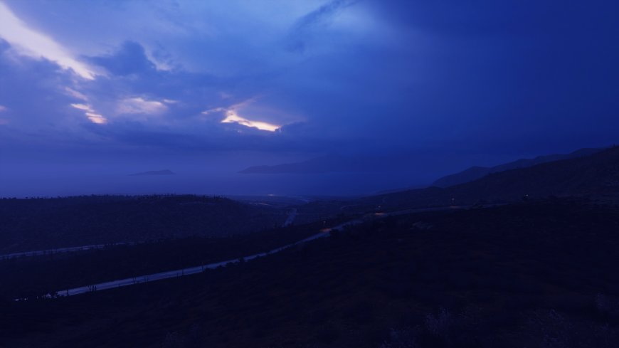 暮色山峦公路蜿蜒深蓝风景电脑壁纸