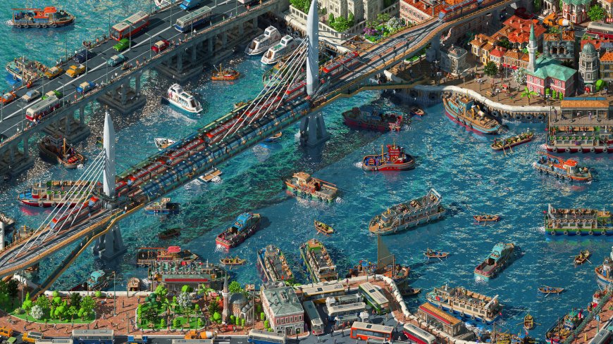 港口城市桥梁船坞蓝绿建筑风景插画电脑壁纸