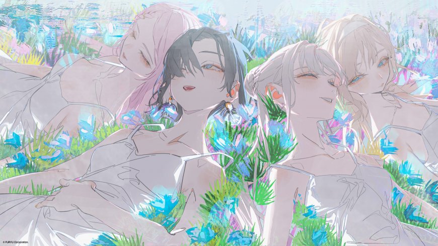 四少女花丛躺卧粉蓝动漫电脑壁纸