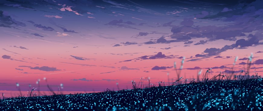 萤火虫草甸暮色粉紫风景插画电脑壁纸