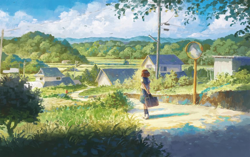 乡村小路少女背影绿意盎然风景插画电脑壁纸