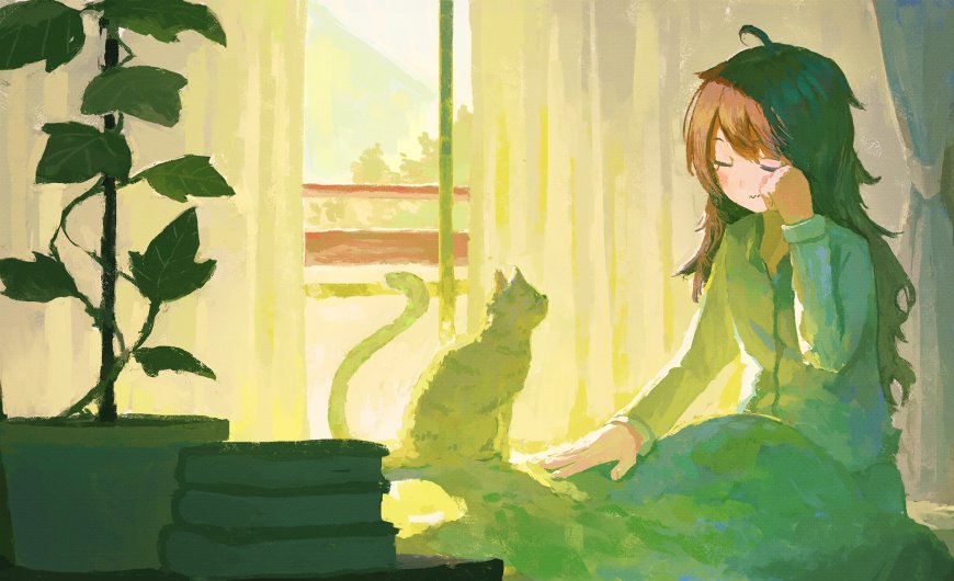 少女与猫窗边静坐黄绿柔和动漫电脑壁纸