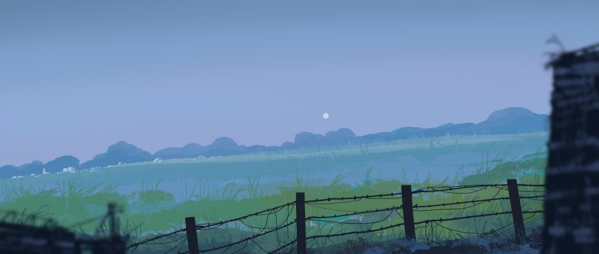 田野铁丝网月夜蓝绿风景电脑壁纸