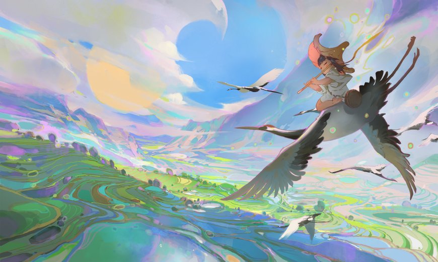 小女孩骑鹤吹笛梦幻粉紫奇幻电脑壁纸