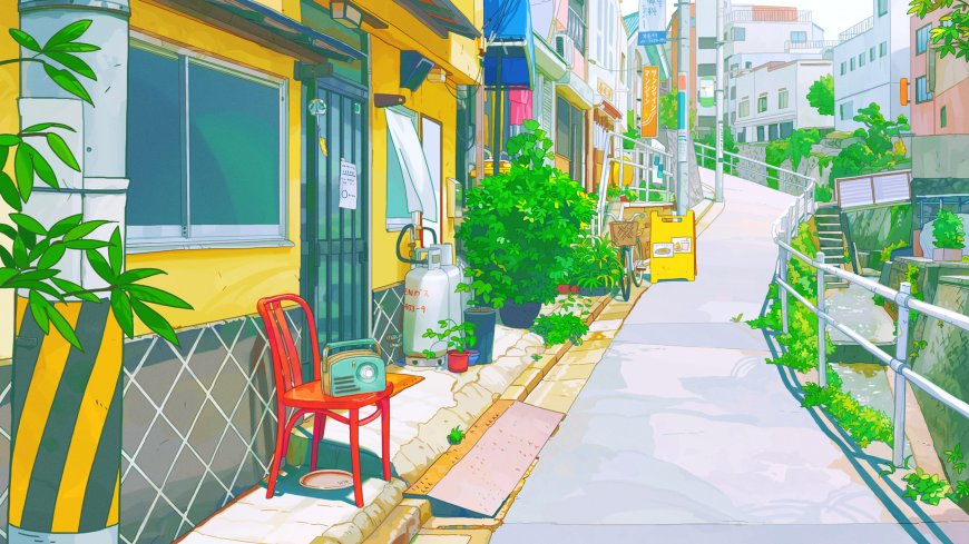 日式小巷绿植红椅暖黄动漫电脑壁纸
