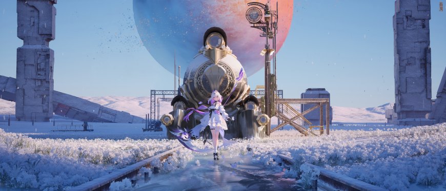 少女紫发白裙蒸汽列车雪原蓝粉奇幻电脑壁纸