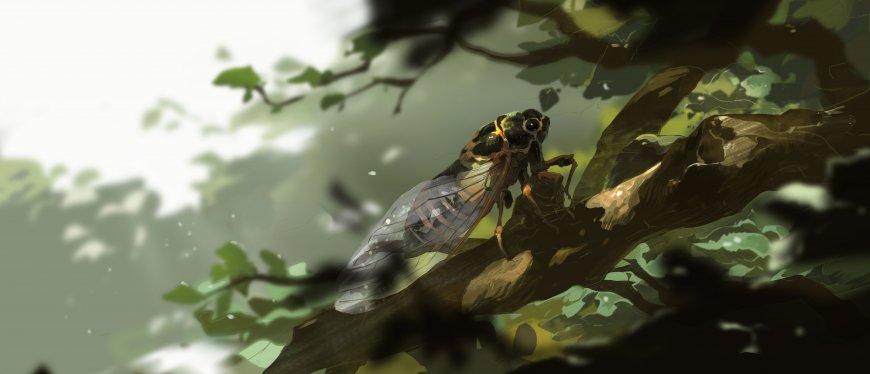 蝉栖枝头透明翅翼绿荫唯美风景插画电脑壁纸