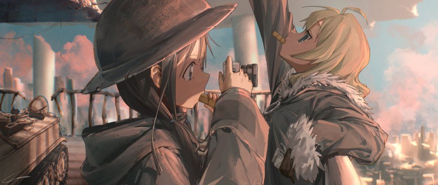 少女摄影师与金发同伴战后废墟动漫电脑壁纸
