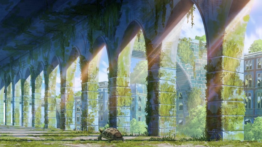 废弃拱廊绿植蔓延蓝绿奇幻风景插画电脑壁纸