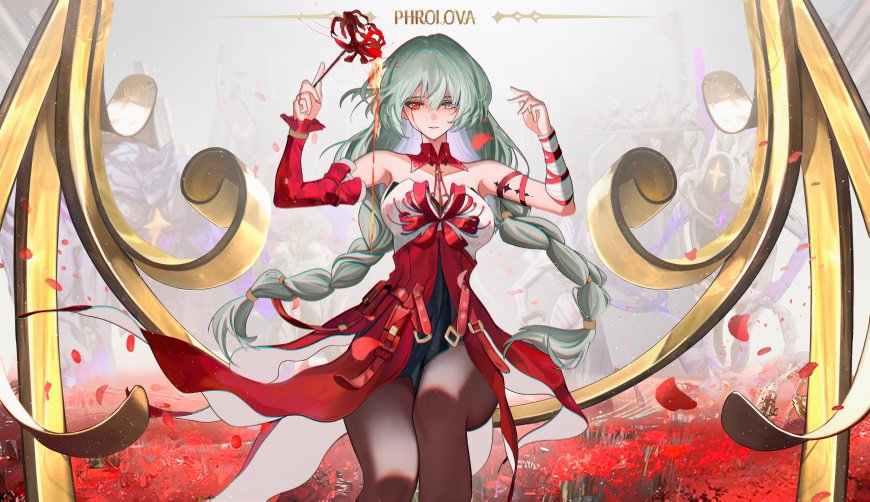 绿发红裙少女持花暗红奇幻电脑壁纸