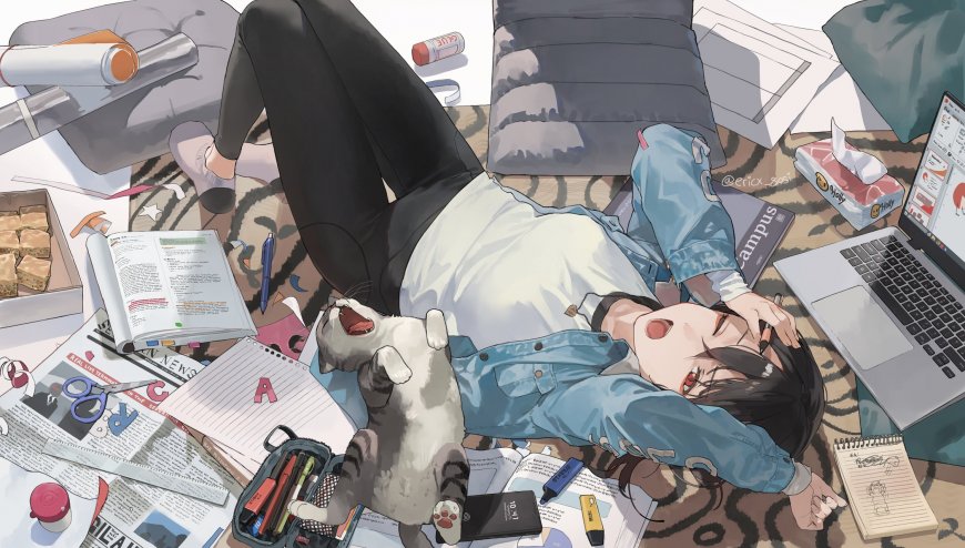 动漫少女躺地与猫咪互动暖灰动漫电脑壁纸