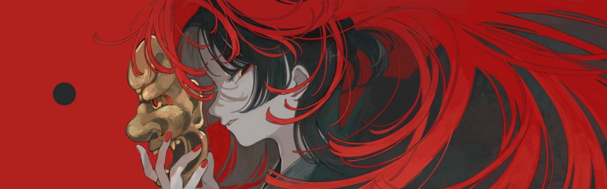 红发少女持鬼面暗红动漫电脑壁纸