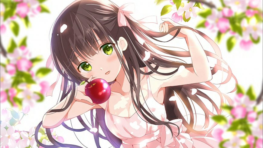 樱花少女手持红苹果粉白动漫电脑壁纸