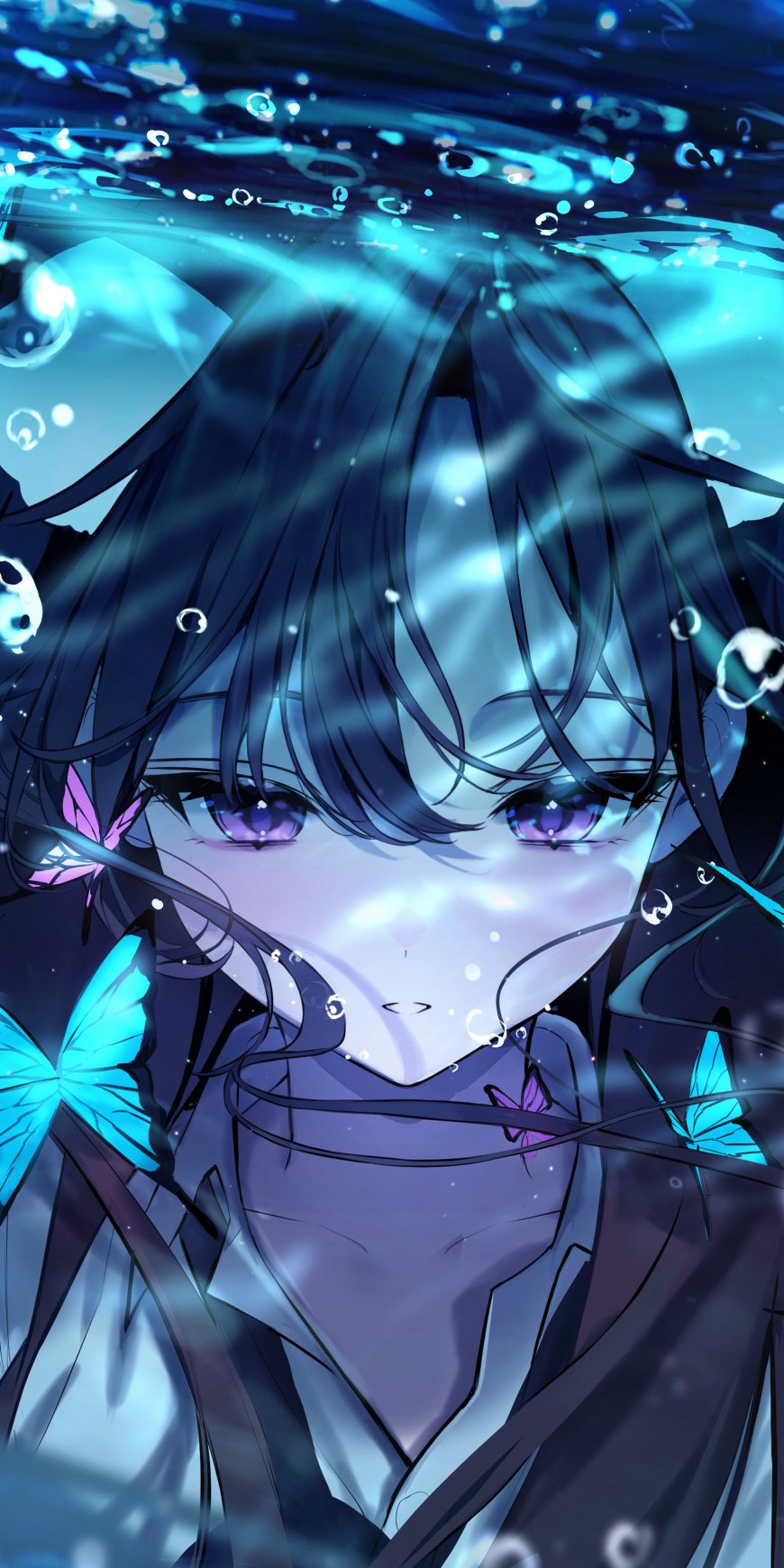 水下少女紫瞳蓝蝶蓝紫动漫手机壁纸