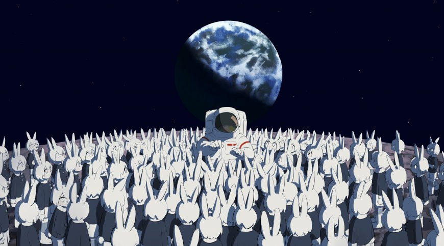 月球兔群仰望地球宇航员暗蓝科幻电脑壁纸