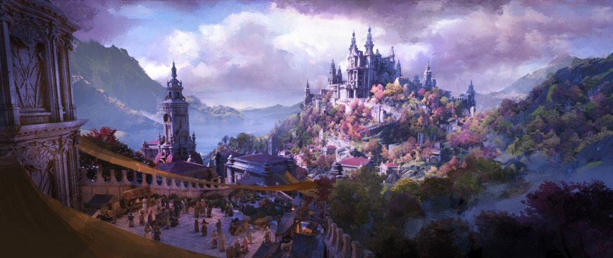 山巅城堡秋林环绕紫灰奇幻风景电脑壁纸