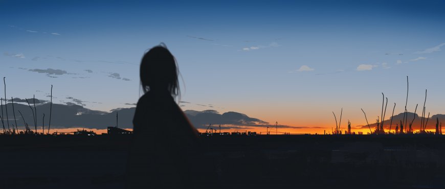 剪影少女眺望黄昏橙蓝渐变风景插画电脑壁纸