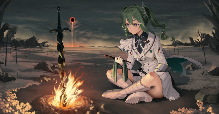 绿发少女篝火旁静坐暗灰奇幻电脑壁纸