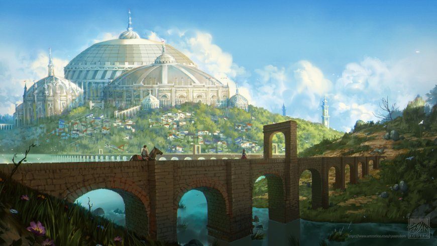 奇幻城堡山城风光蓝白风景插画电脑壁纸