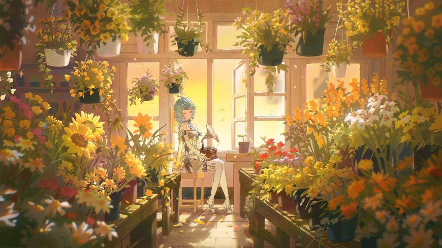 花店少女蓝发白裙暖金动漫电脑壁纸