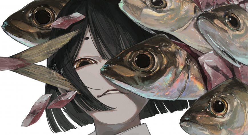 动漫角色黑发少女环绕鱼群暗灰奇幻电脑壁纸