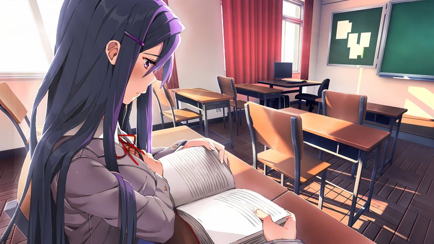 紫发少女教室读书暖橙动漫电脑壁纸