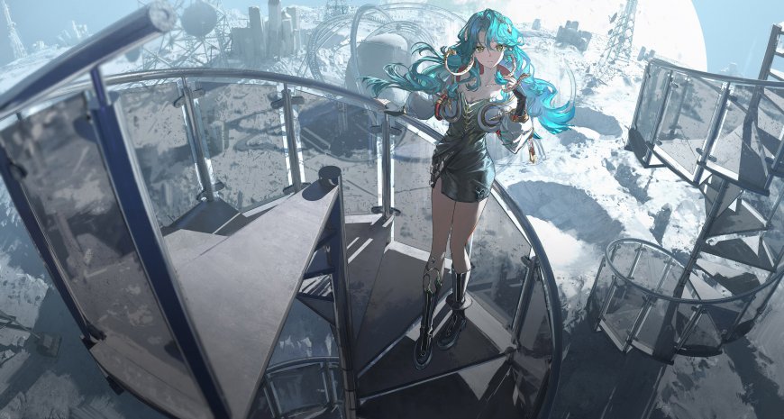 蓝发少女螺旋楼梯科幻废土风蓝动漫电脑壁纸