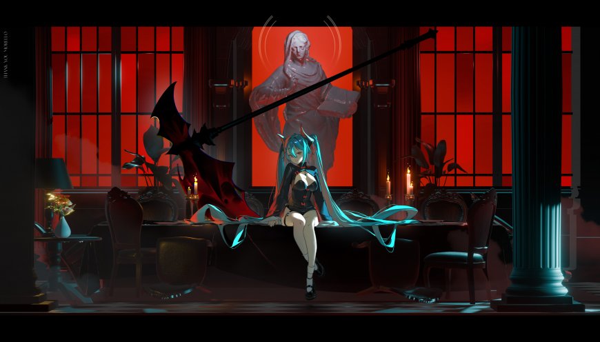 初音未来黑裙蓝发红窗暗调动漫电脑壁纸