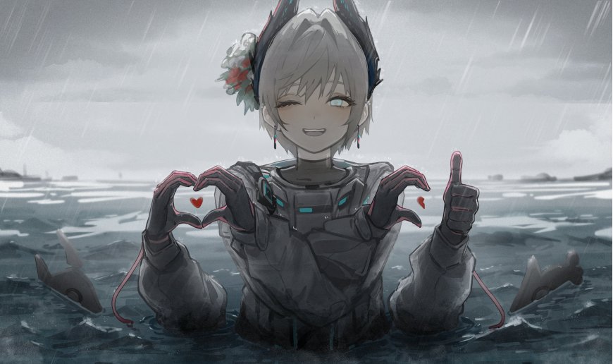 明日方舟砾雨中比心灰蓝动漫电脑壁纸