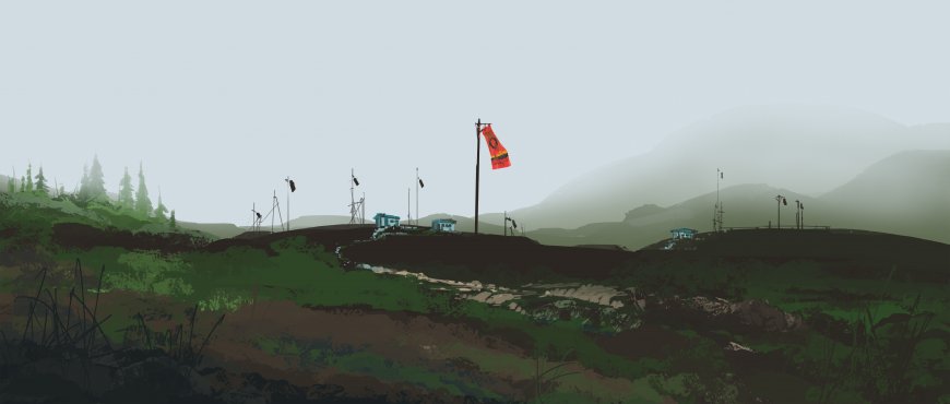 山间哨所红旗飘扬青灰风景插画电脑壁纸