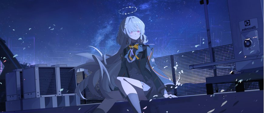 银发少女屋顶坐姿星夜蓝紫动漫电脑壁纸