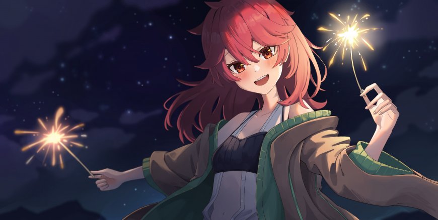 红发少女手持烟花夜空动漫电脑壁纸