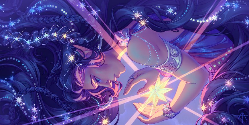 星尘少女双手捧星紫蓝梦幻动漫电脑壁纸