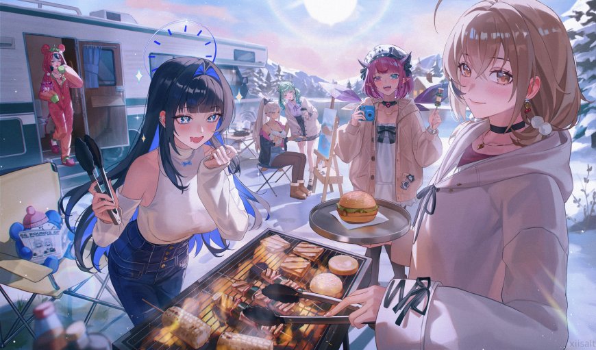 动漫少女雪地烧烤派对粉紫动漫电脑壁纸