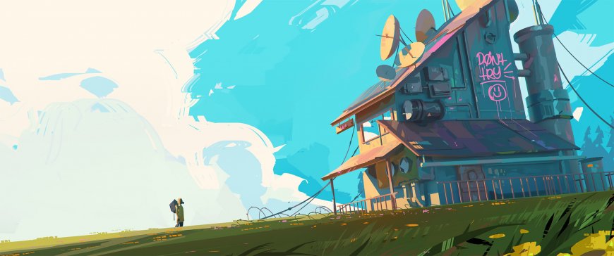 废土风格小屋卫星天线蓝绿科幻插画电脑壁纸