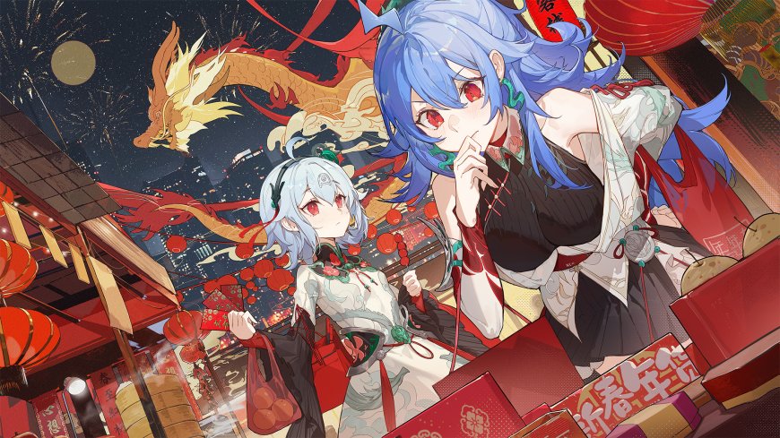 原神甘雨与魈春节庆典蓝白红动漫电脑壁纸