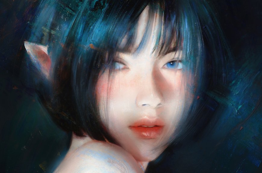 蓝发精灵少女蓝眸晕染暗蓝奇幻电脑壁纸