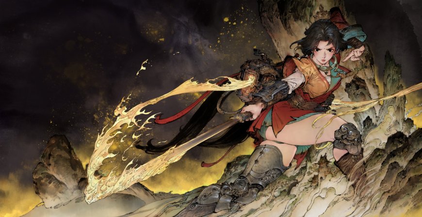 古风少女持焰剑跃崖暗金奇幻电脑壁纸