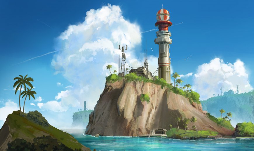 海岛灯塔棕岩碧海蓝天白云插画电脑壁纸