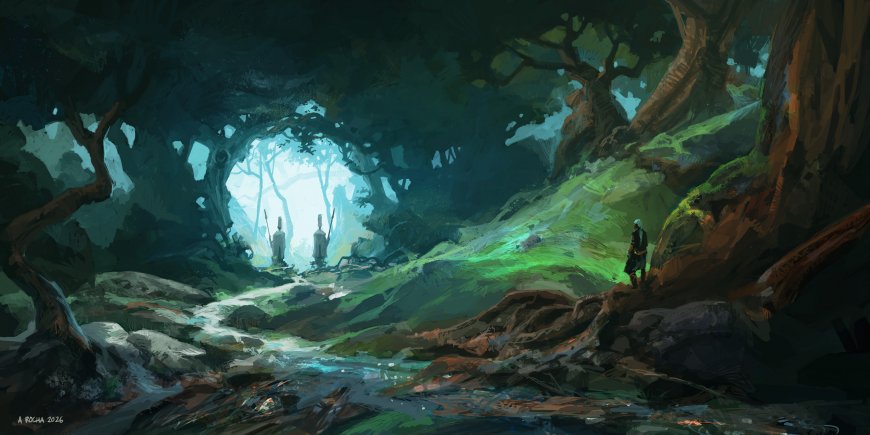 幽深森林溪流绿光奇幻风景插画电脑壁纸