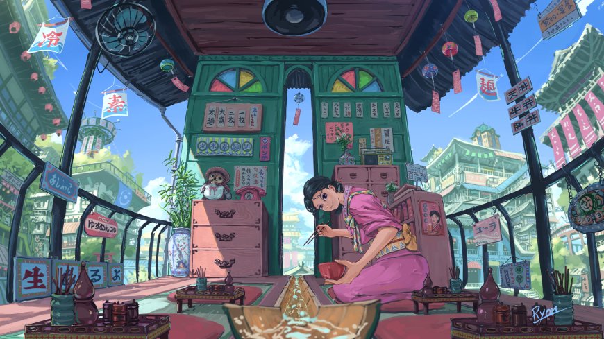 千与千寻汤屋场景少女跪坐粉紫动漫电脑壁纸