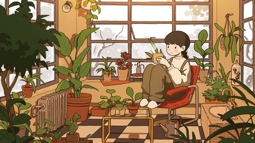 少女窗边捧杯绿植环绕暖棕治愈卡通电脑壁纸