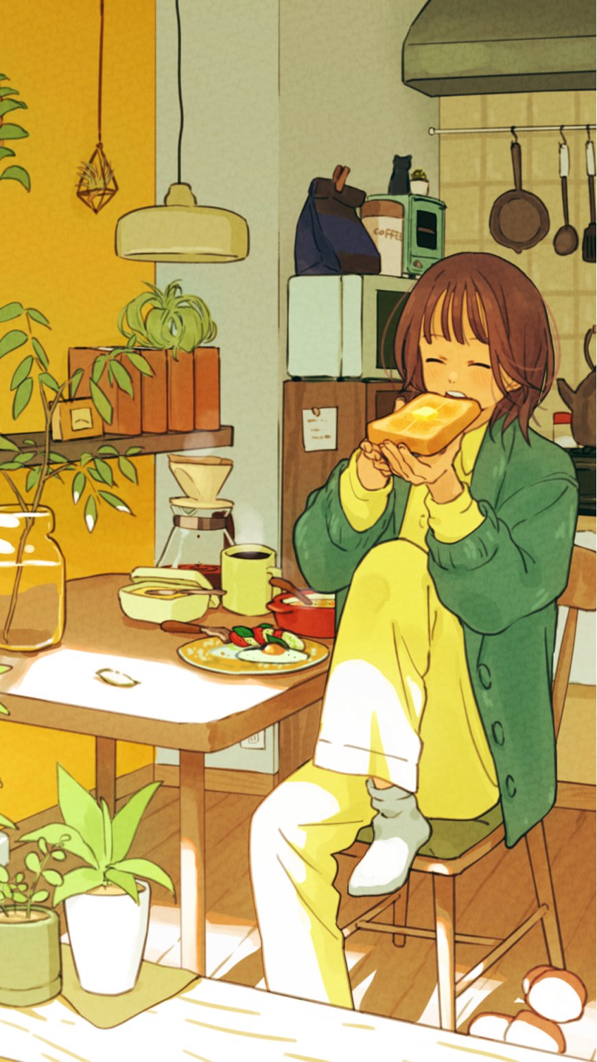 少女早餐吐司暖黄治愈插画手机壁纸