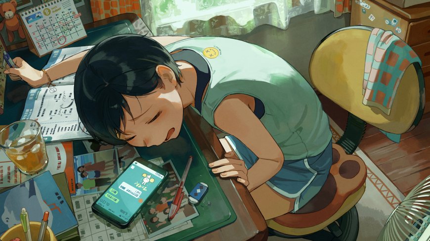 动漫少女伏案小憩暖绿日常插画电脑壁纸