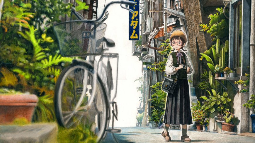 戴眼镜少女持相机绿植小巷清新动漫电脑壁纸