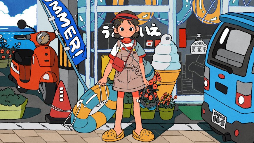 夏日街角少女背袋持泳圈蓝白清动漫电脑壁纸