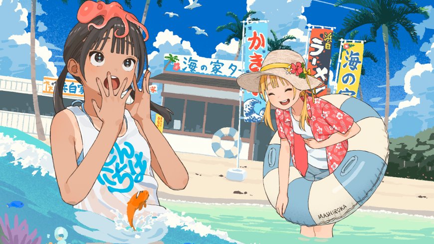 夏日海滩双少女嬉戏蓝白动漫电脑壁纸