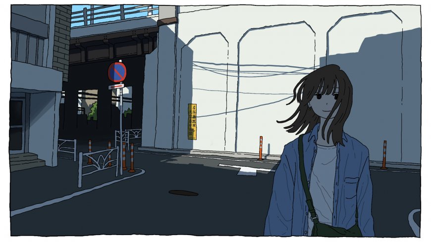 街角少女蓝衣微笑灰蓝动漫电脑壁纸
