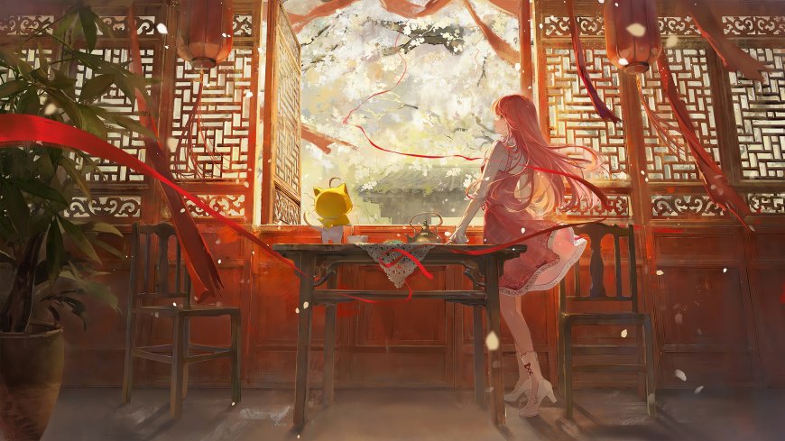 红发少女古风窗前樱花飞舞暖金动漫电脑壁纸